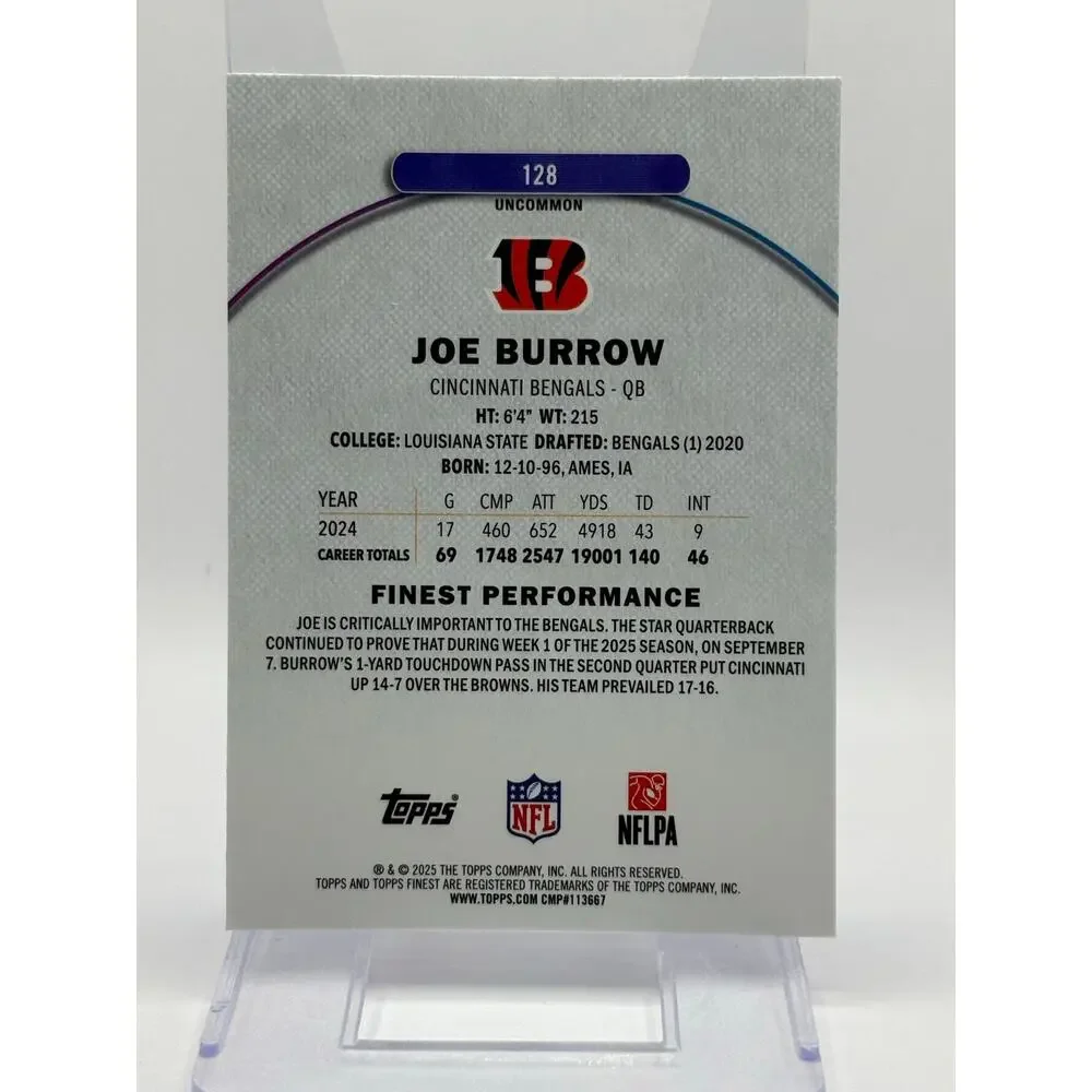 2025 Topps Finest Joe Burrow Uncommon Blue Geometric Refractor 55/75 SP Bengals